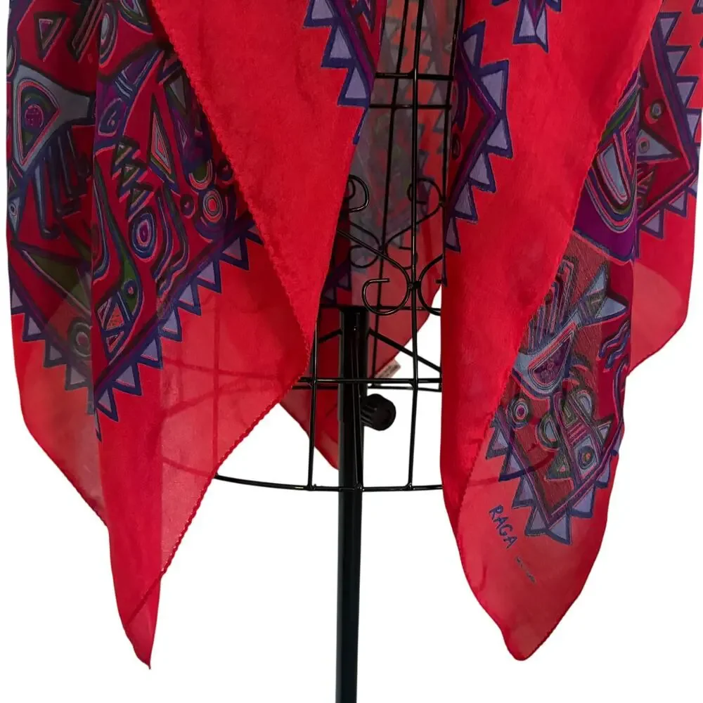 RAGA NY !00% Woven Silk Scarf Wrap Shawl Native Art Southwest Boho Lagenlook